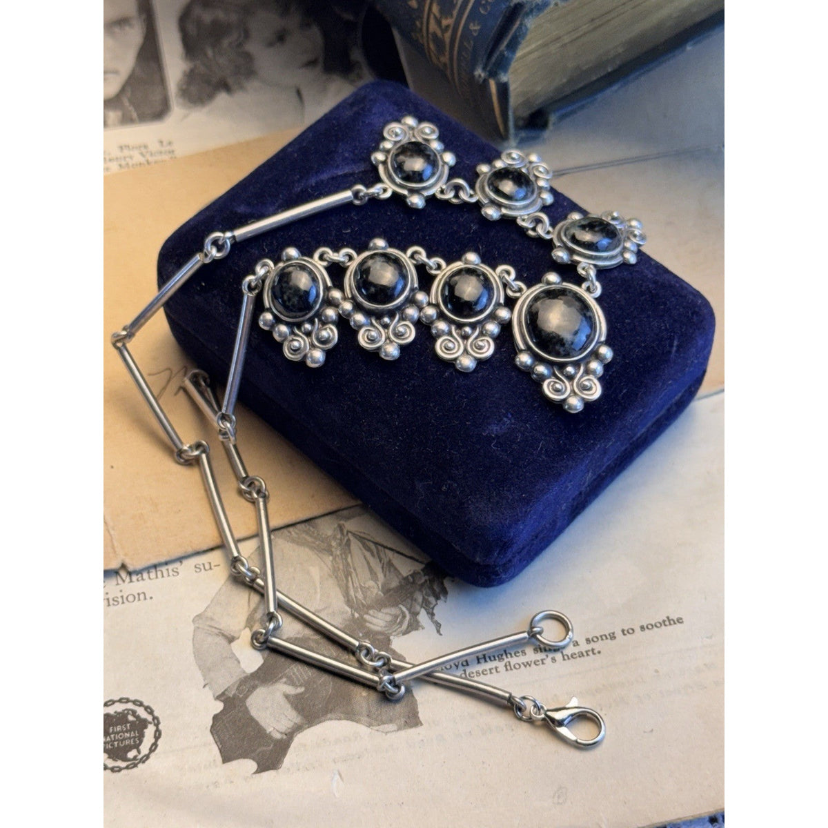 925 Silver Necklace Black Speckled Stone Cabochons Scrollwork Bar Link