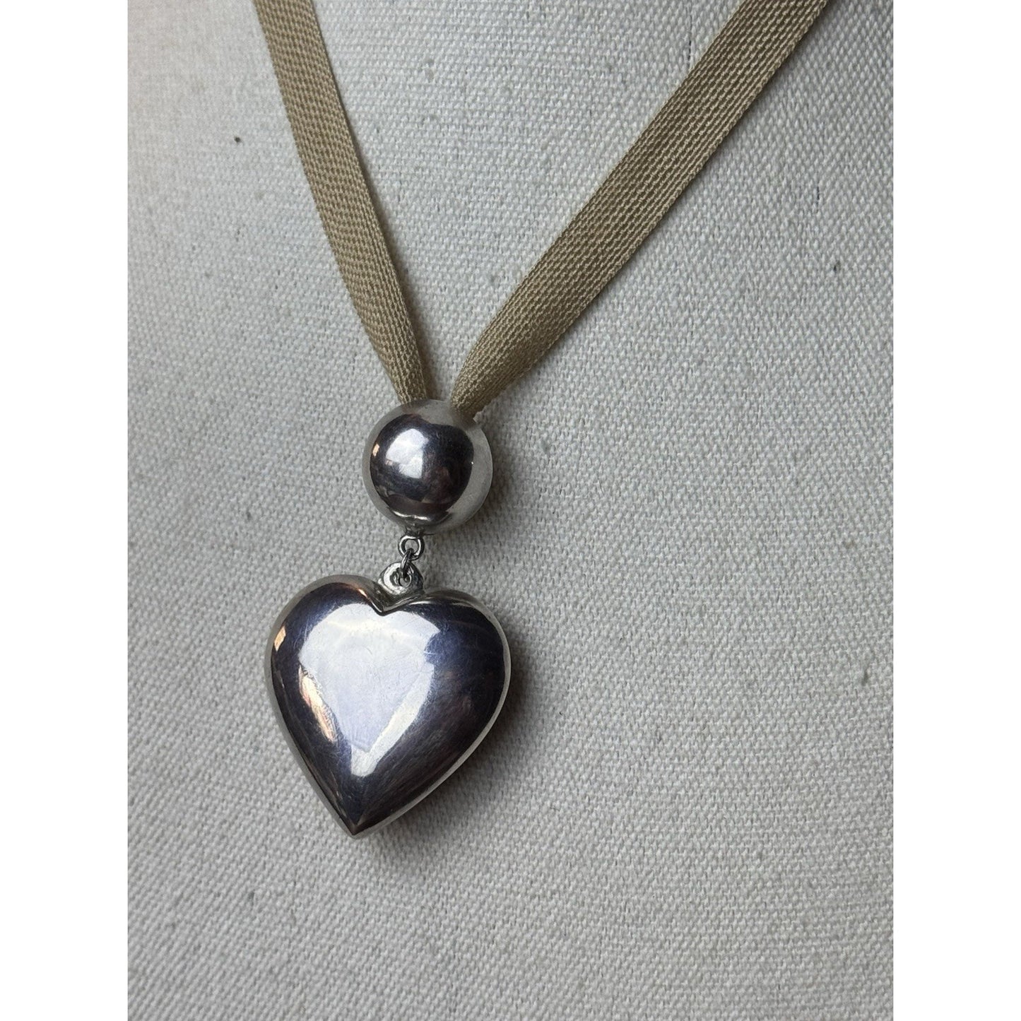 Vintage Sterling Silver 925 Puffy Heart Pendant Necklace 27” Ribbon 2.5”