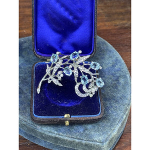 Vintage Trifari Sterling Brooch Aqua Blue Clear Rhinestone Floral Spray 2”