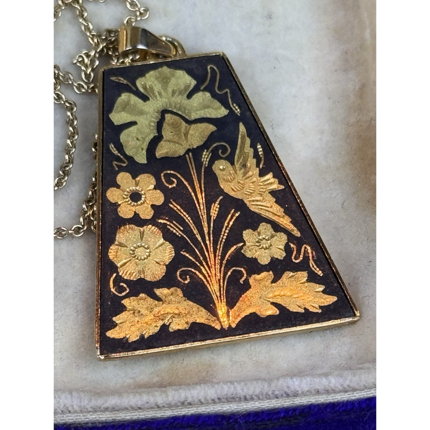 Vintage Damascene Bird Flower Pendant Necklace Gold Filled Chain 18”