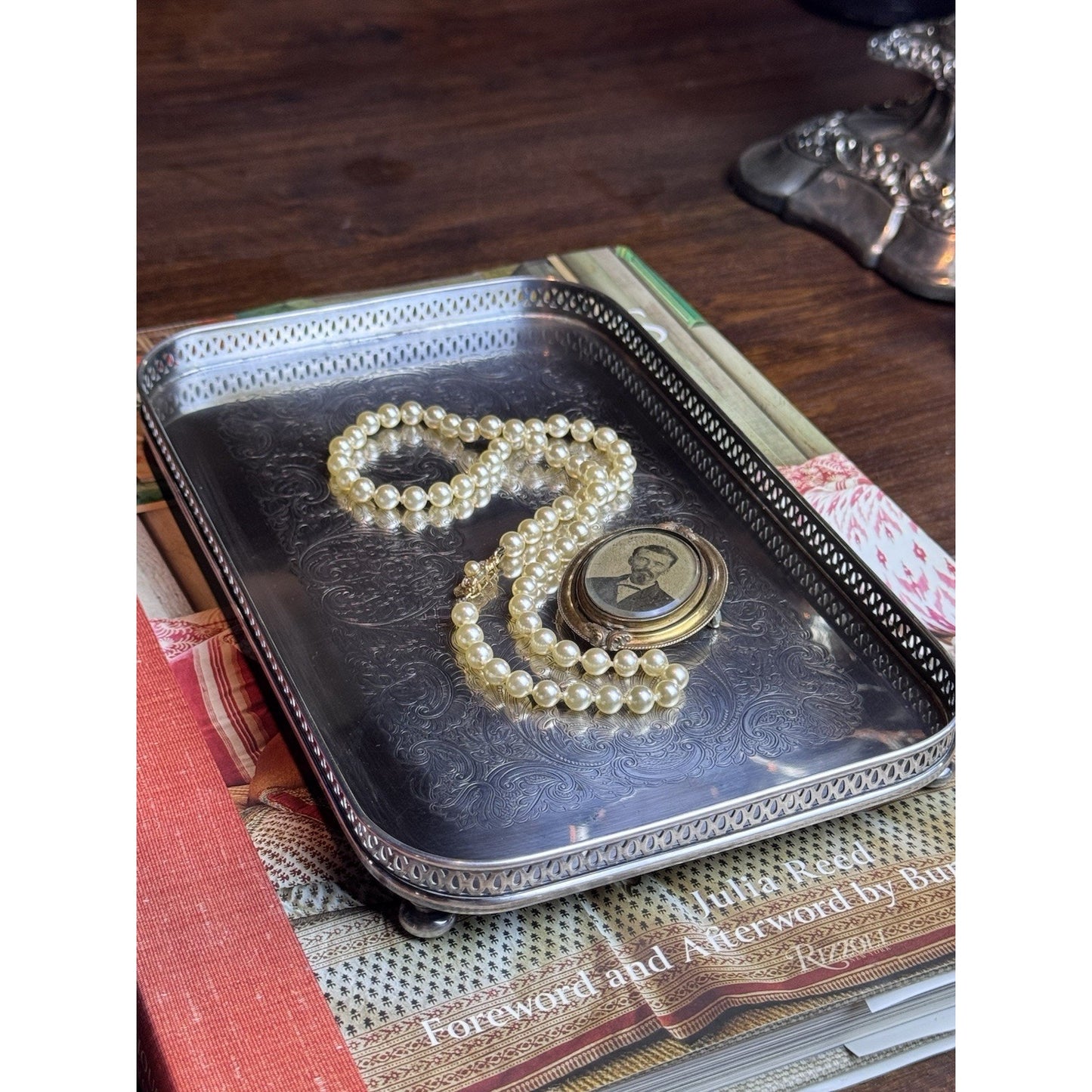 Vintage Sheffield Silverplate Footed Gallery Tray Jewelry Vanity Catchall 9”