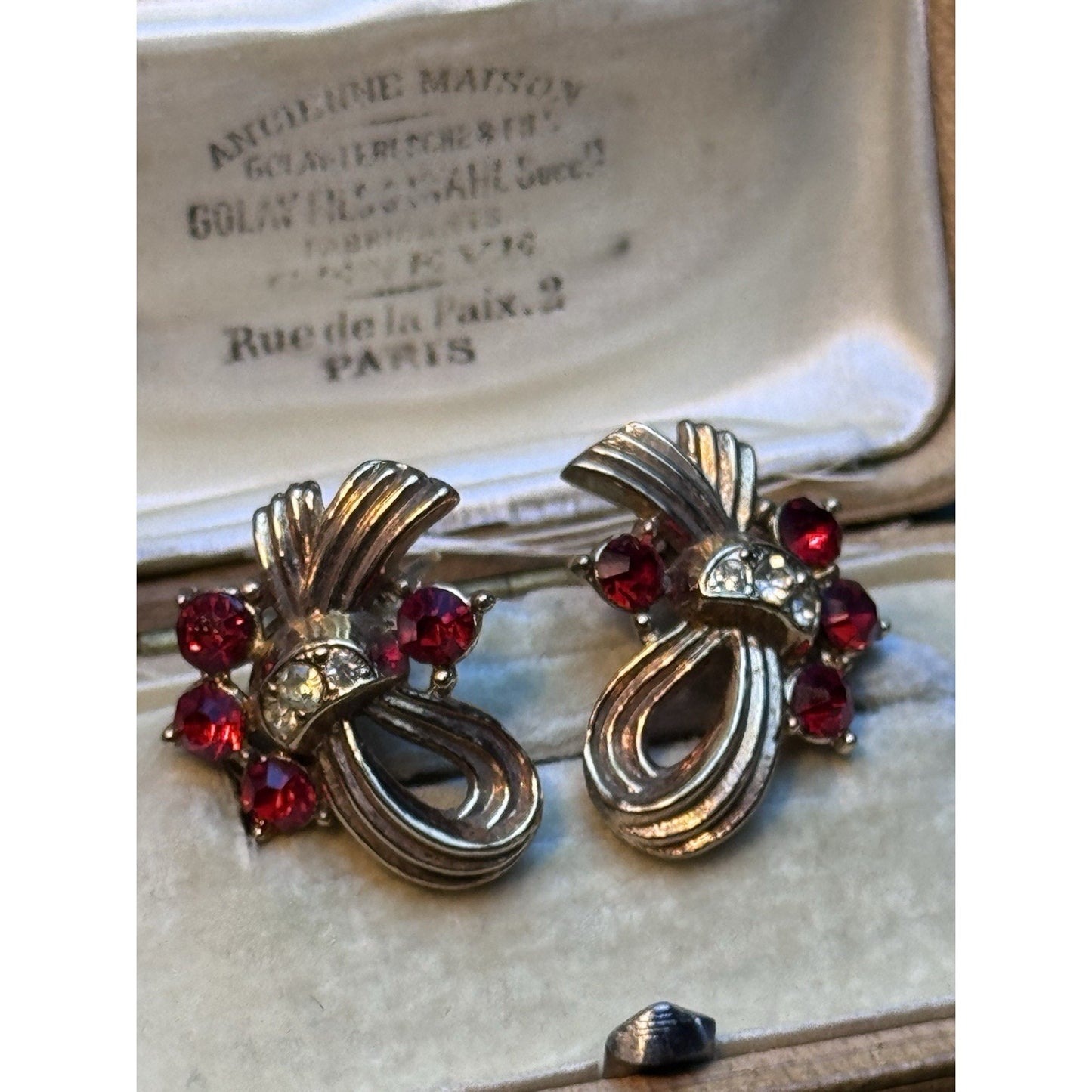 Vintage Ribbon Clip-On Earrings Rose Goldtone Red Clear Rhinestones 1”