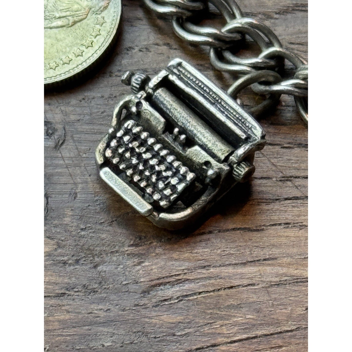 Sterling Silver Charm Bracelet 11 Charms Mechanical Typewriter 1960s 6.75”