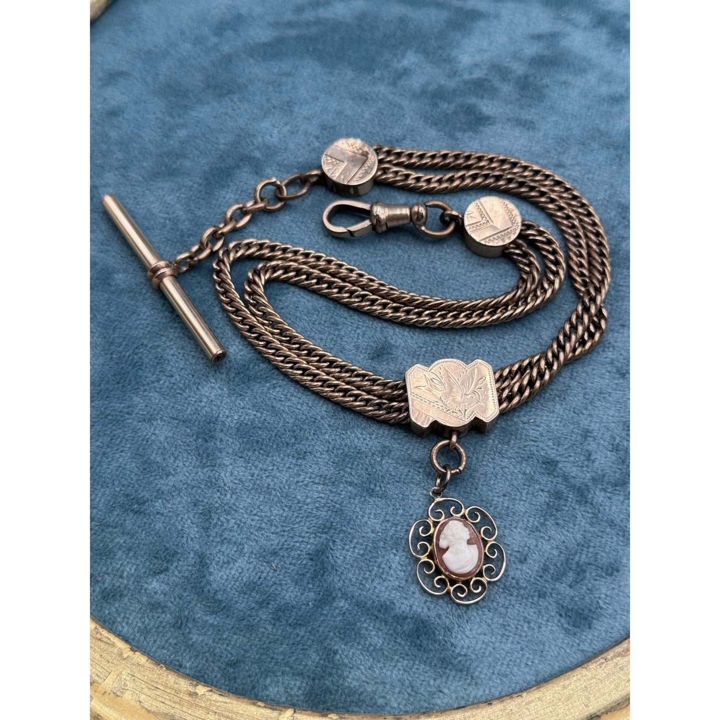 Antique Gold Filled Albert Watch Chain Cameo Fob T Bar 12” Victorian