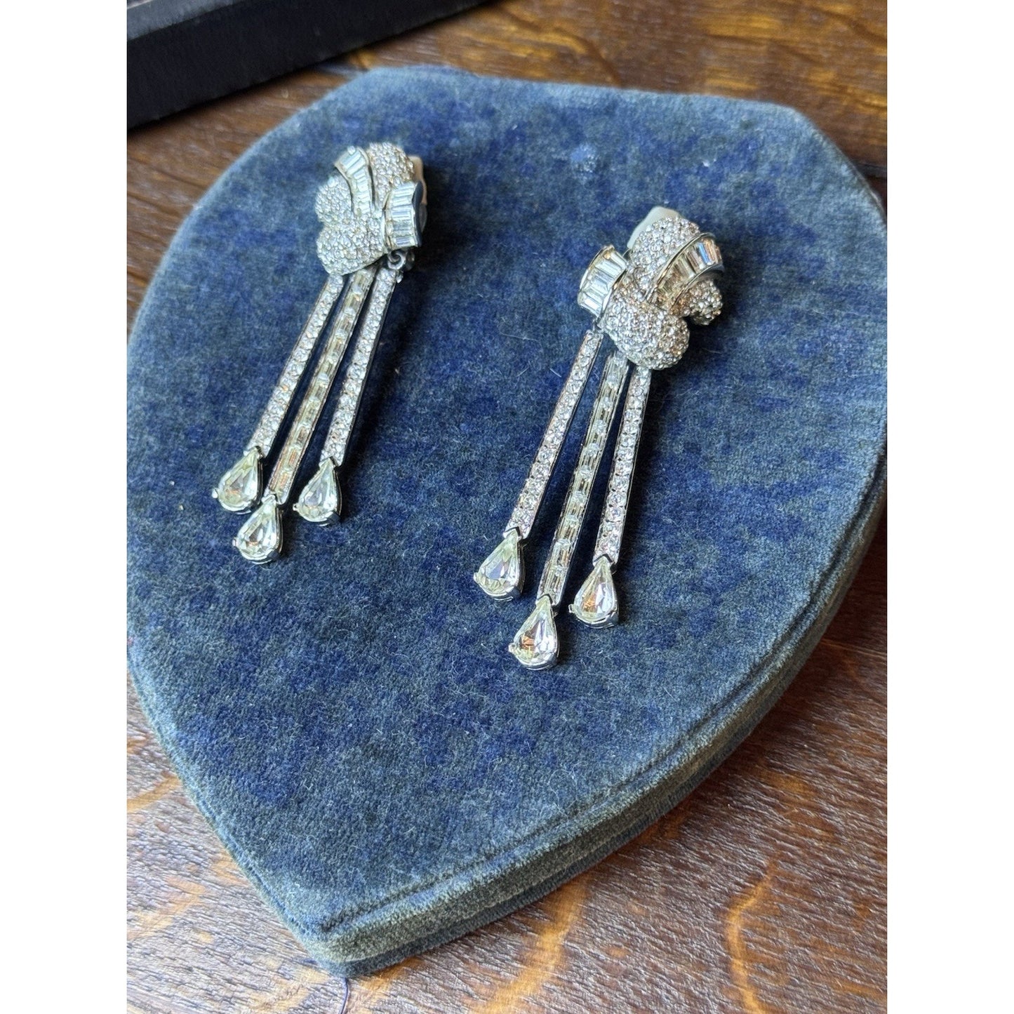 Vintage Ciner Rhinestone Dangle Clip Earrings 3” Baguette Pave