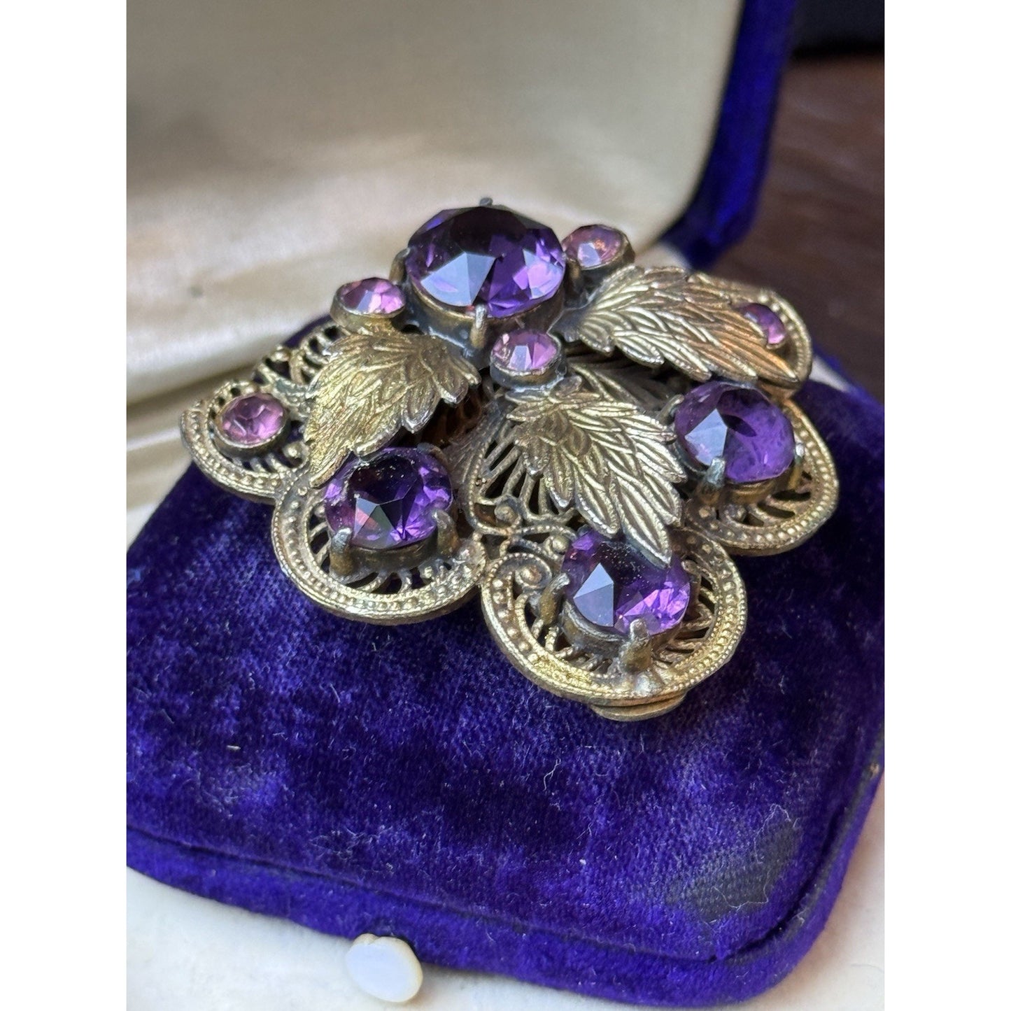 Antique Dress Clip Czech Style Purple Paste Goldtone Filigree Leaf Jewelry 1.75”
