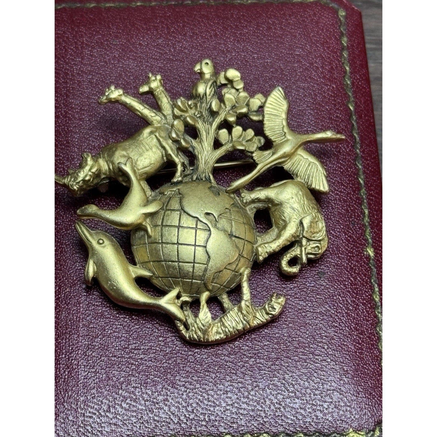 Vintage Brooch AJC Animal Kingdom Globe Goldtone World Wildlife
