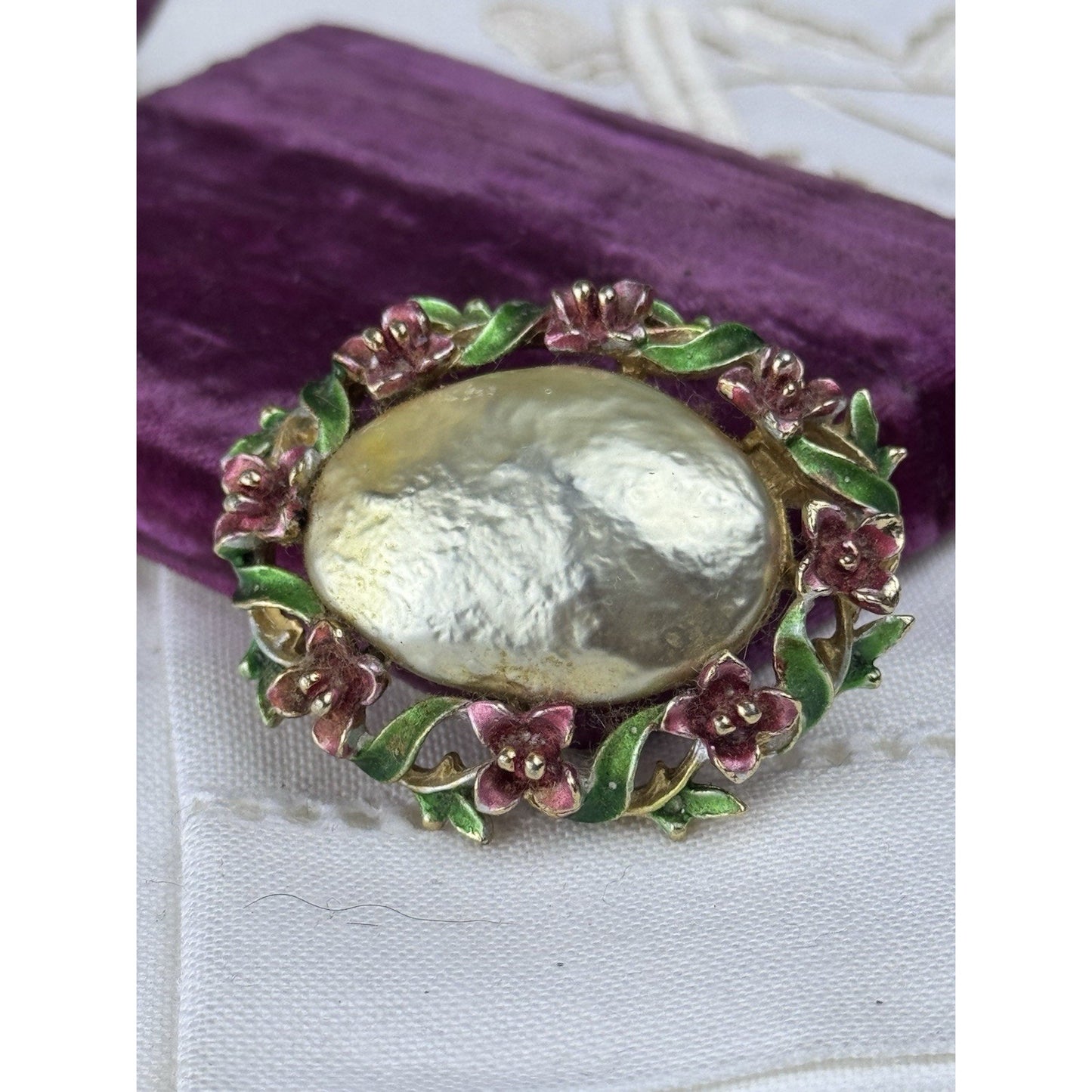 Vintage Goldtone Faux Baroque Pearl Brooch Enamel Floral Signed ART 1.75”