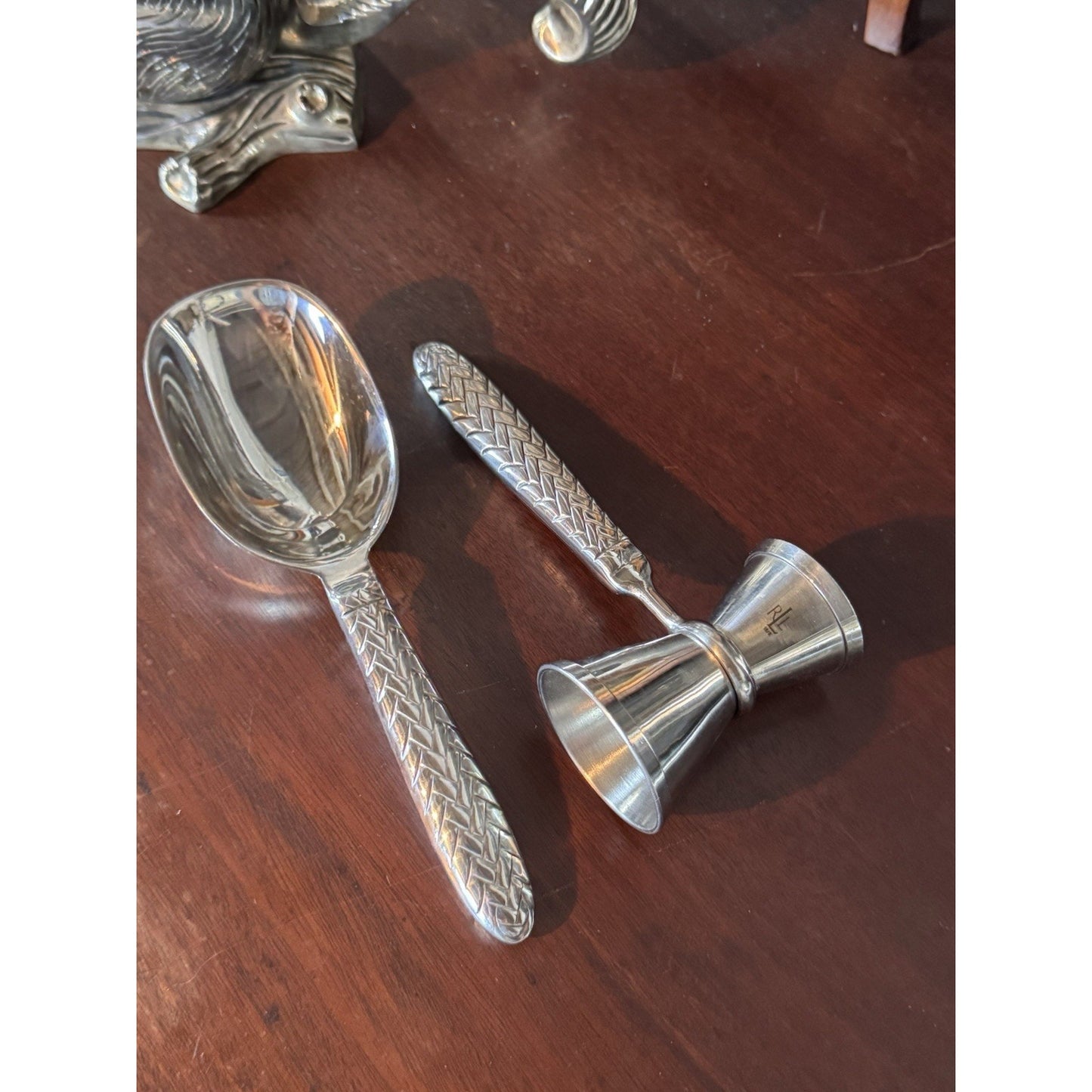 Ralph Lauren RLL Barware Ice Scoop Jigger Set 8” Equestrian Braid 18/8 Stainless