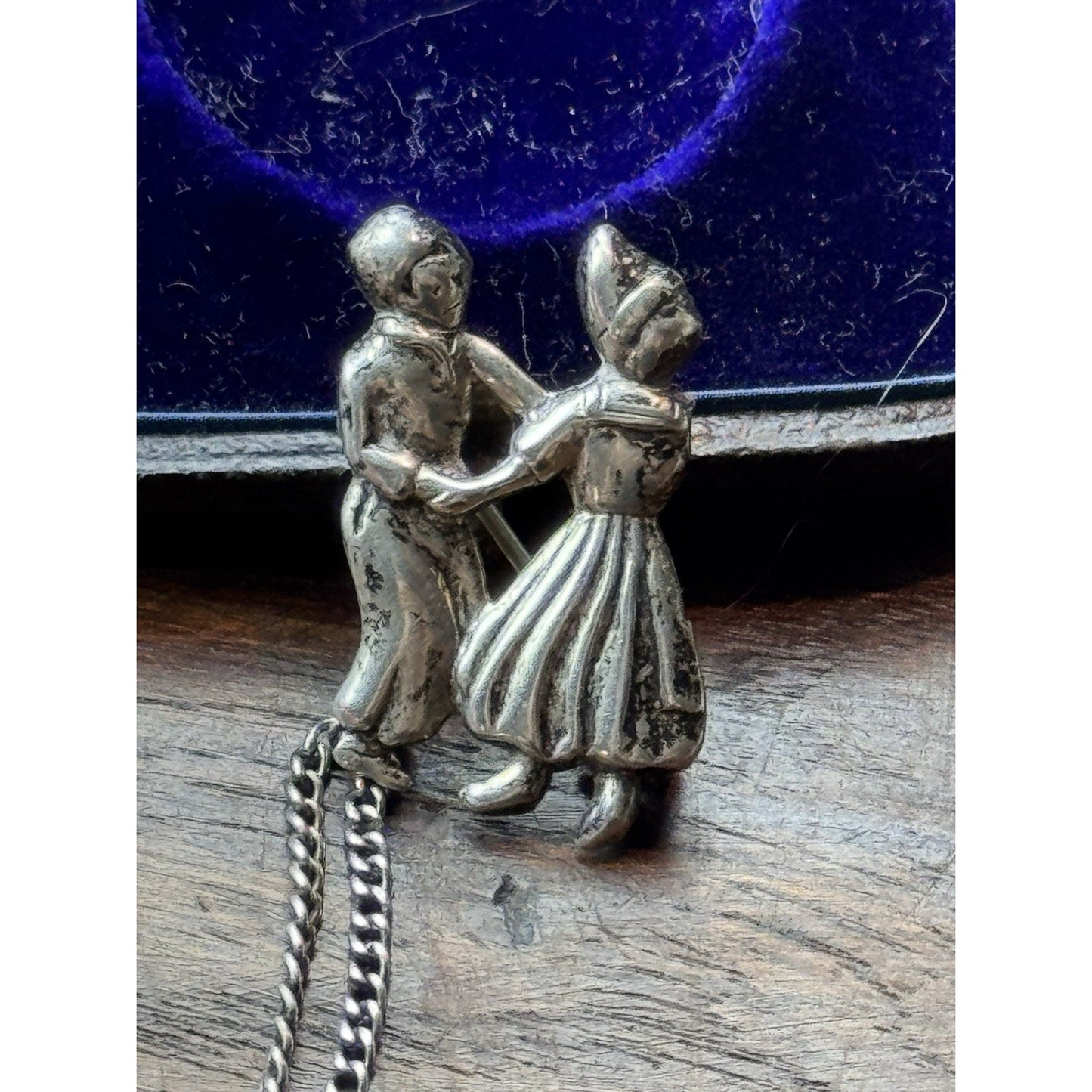 Vintage Dutch Dancers Chatelaine Brooch Silver Kissing Couple 1.38”