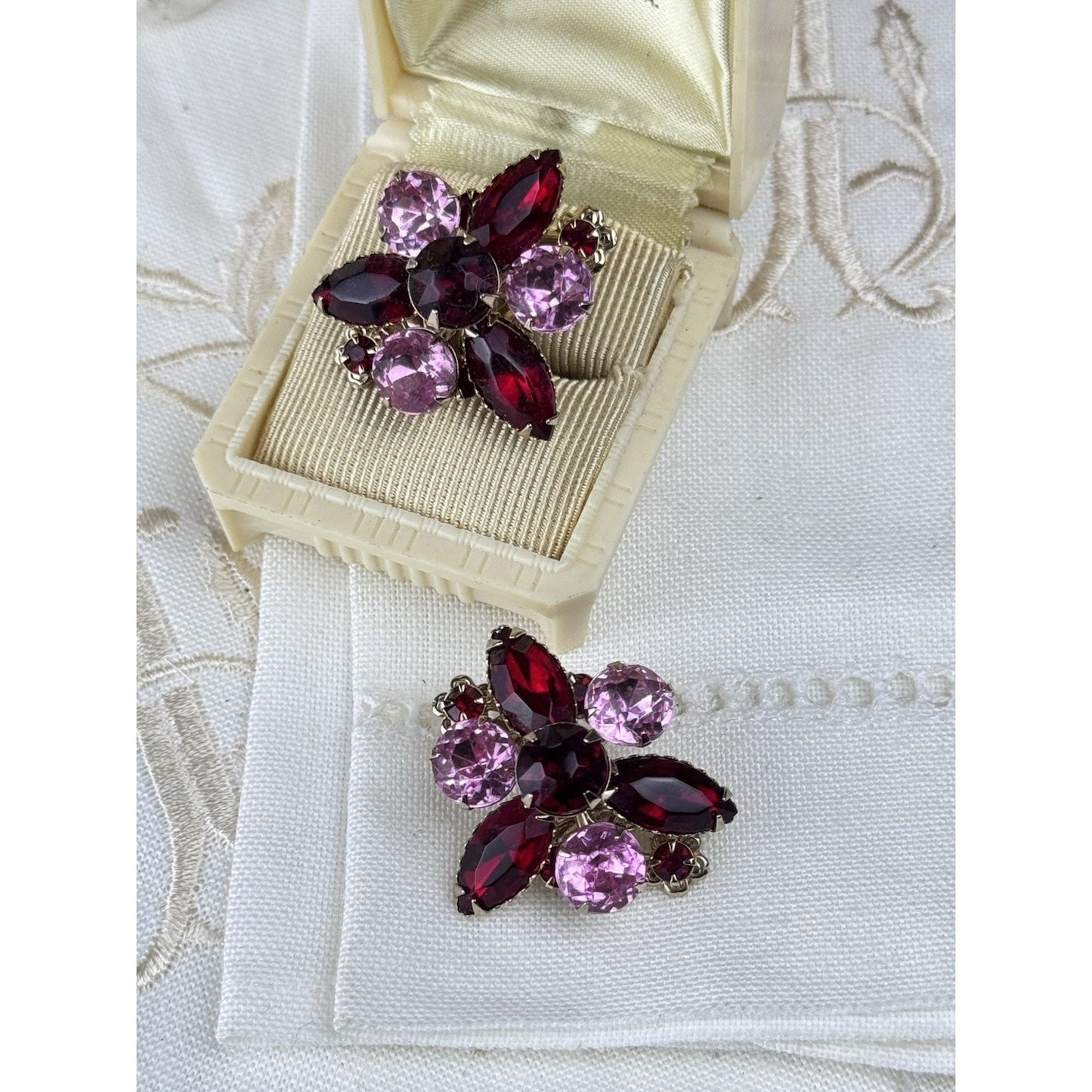 Vintage Clip Earrings Rhinestone Pink Burgundy Red Floral Goldtone 1” Cluster
