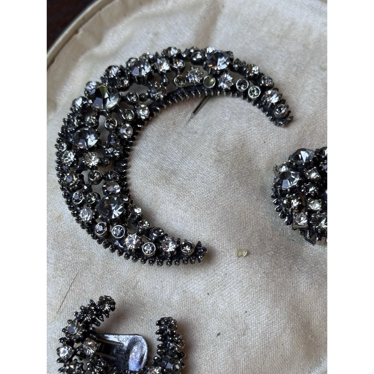 Vintage Rhinestone Crescent Moon Brooch Earrings Set Gray Clear Clip-On 3 Pc