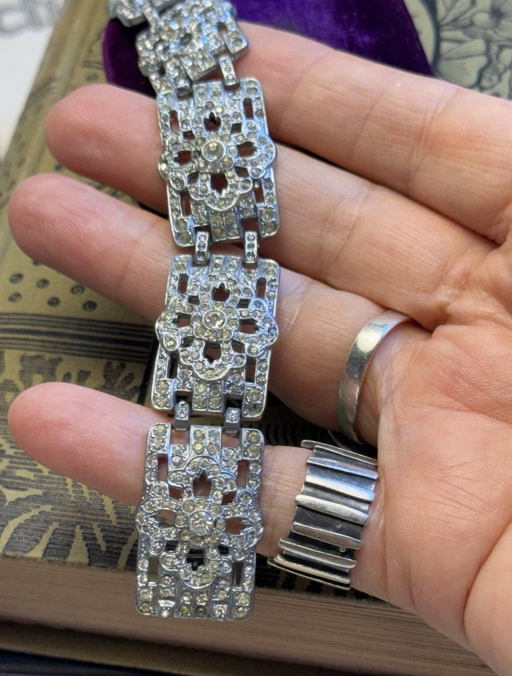Art Deco Bracelet Clear Rhinestone Statement Vintage Jewelry 7.25”