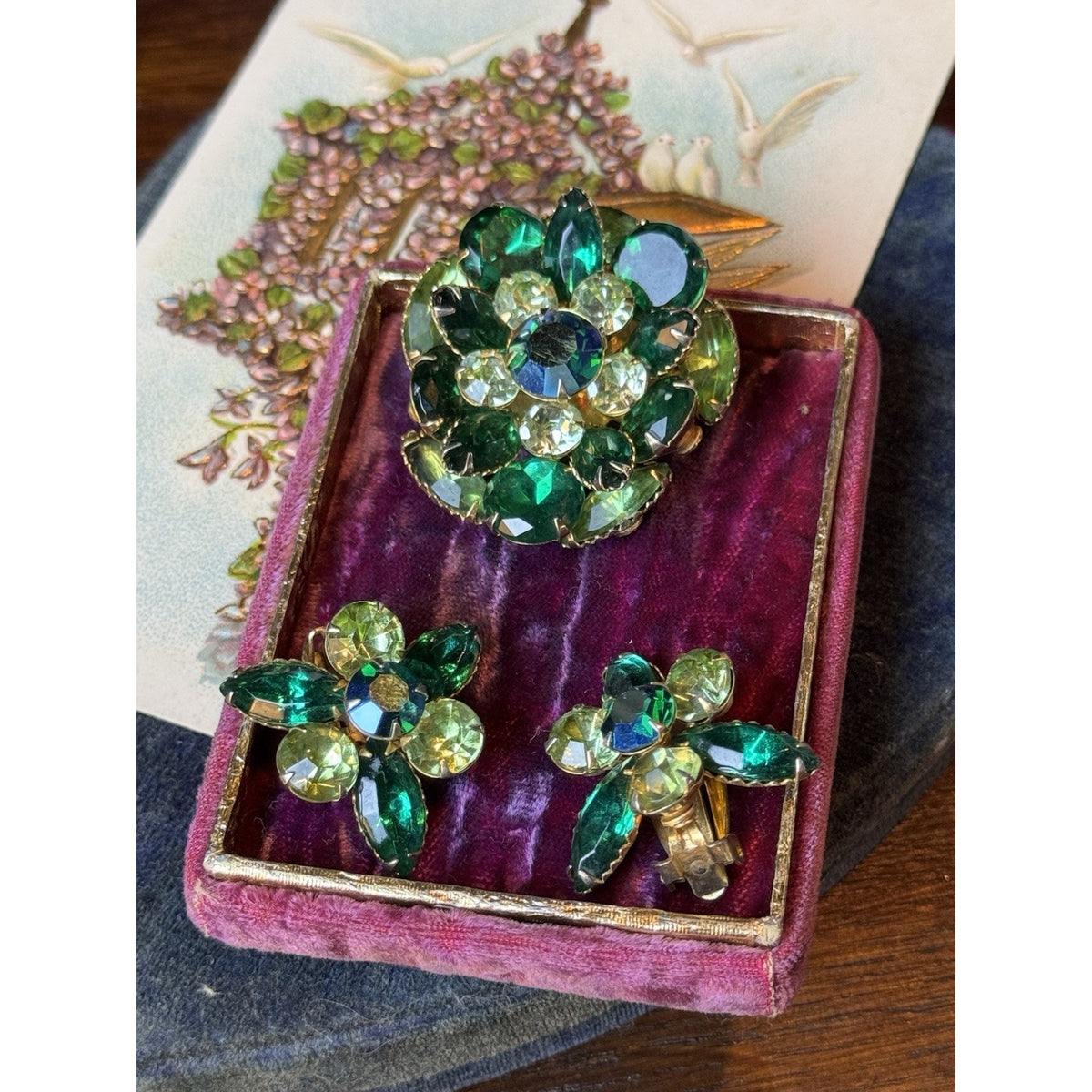 Beau Jewels Brooch Earrings Set Green Rhinestone Goldtone Clip On 1.75” Vintage