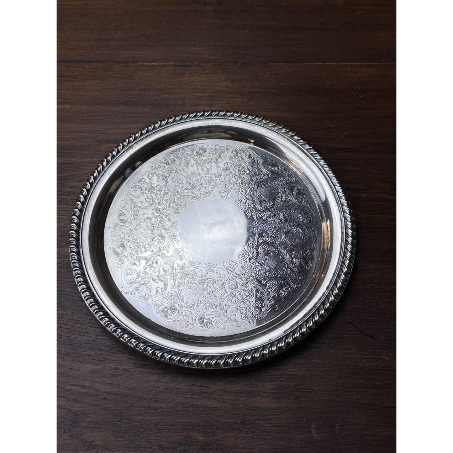 Silverplate Round Serving Tray WM Rogers Ornate Floral Rope Edge 10” VINTAGE