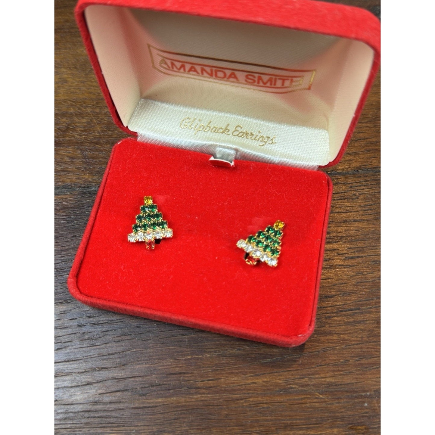 Christmas Tree Earrings .75” Clip On Goldtone Rhinestone Holiday Jewelry