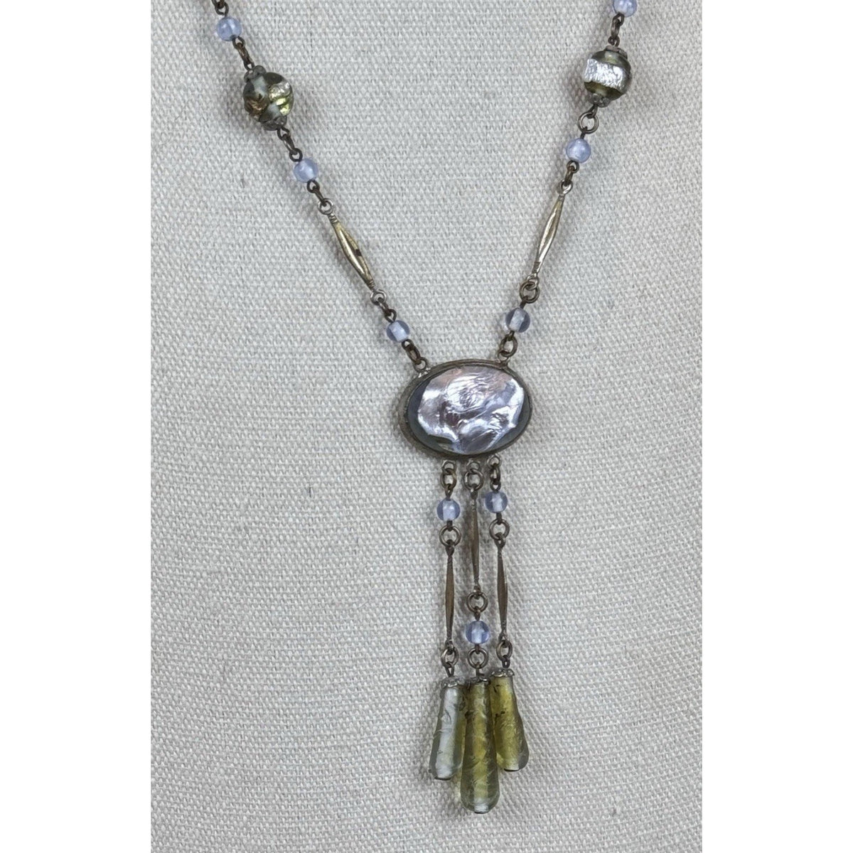 Antique Czech Style Art Glass Necklace Blue Green Glass Dangle Drop 20”