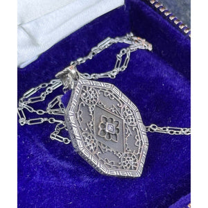 Sterling Camphor Glass Necklace Art Deco Style Filigree Pendant 19”