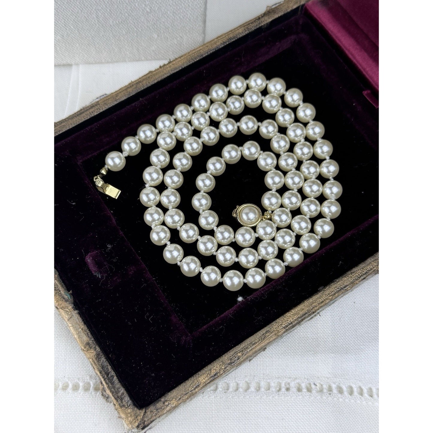 Vintage Faux Pearl Necklace 28.5” Knotted 7mm Pearls Goldtone Clasp Classic