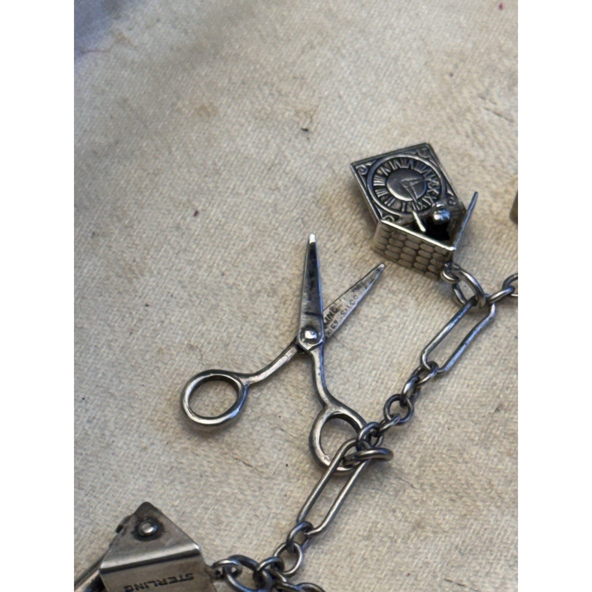 Sterling Silver Charm Bracelet 8 Charms Articulated Scissors & Cannon 6.75