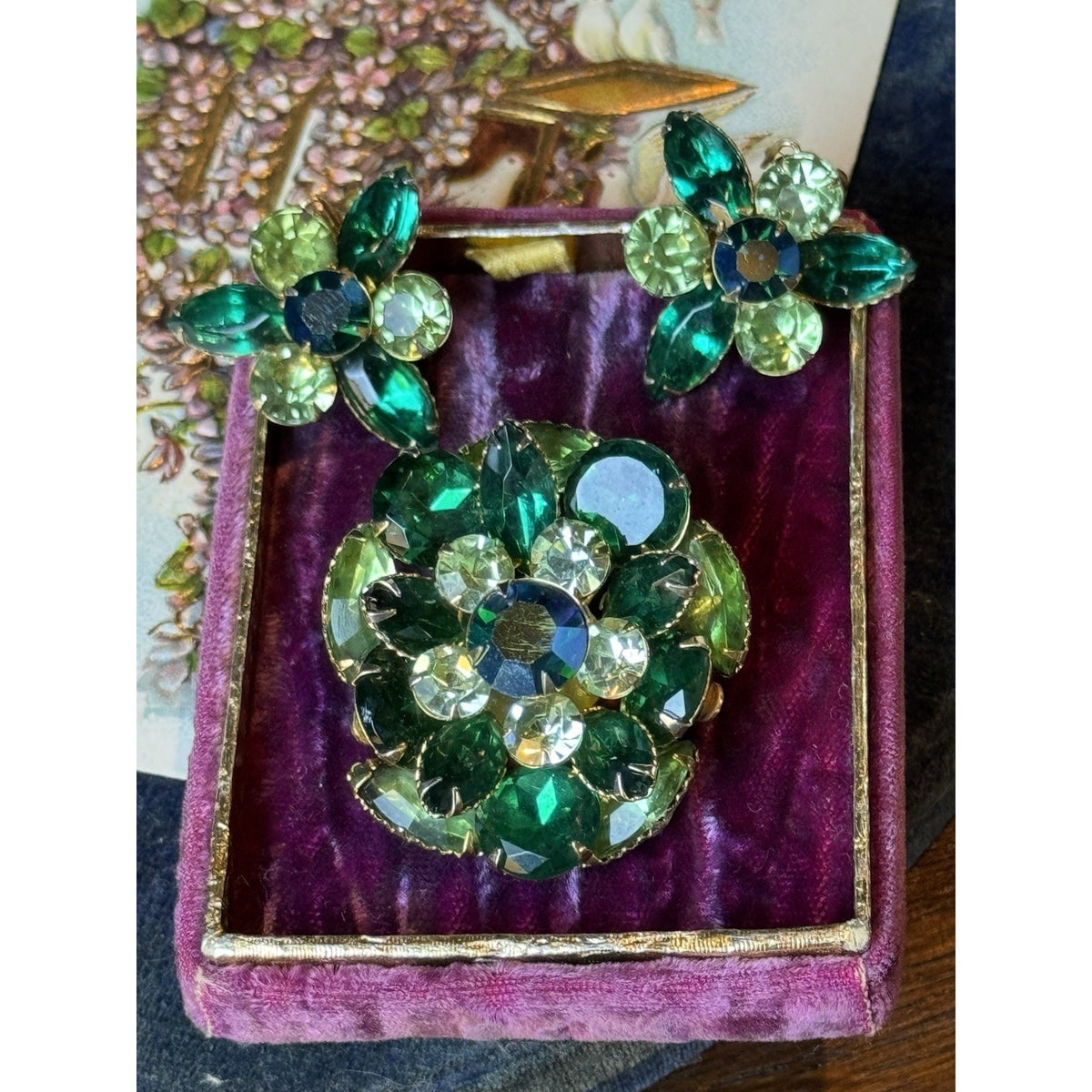 Beau Jewels Brooch Earrings Set Green Rhinestone Goldtone Clip On 1.75” Vintage