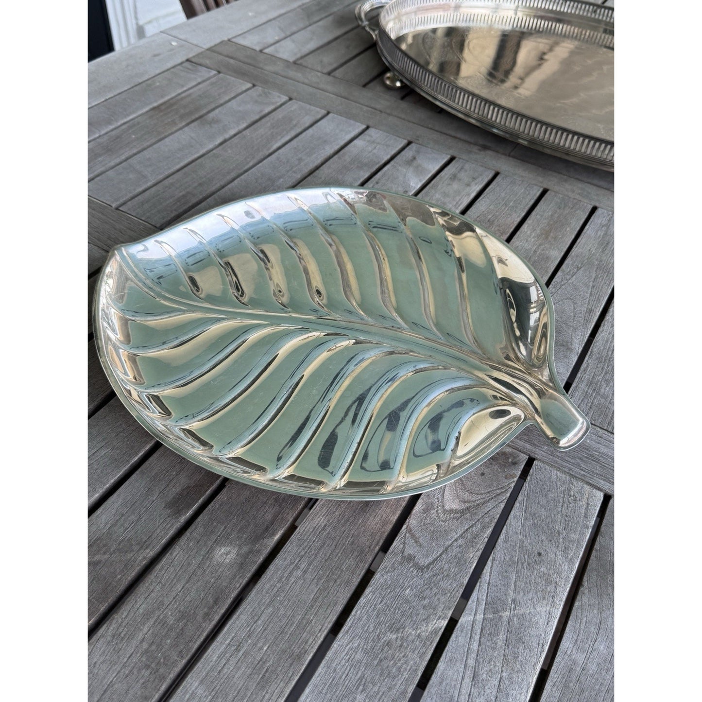 Vintage IS Silver Co Palm Leaf Serving Tray Silverplate Hollywood Regency 15”