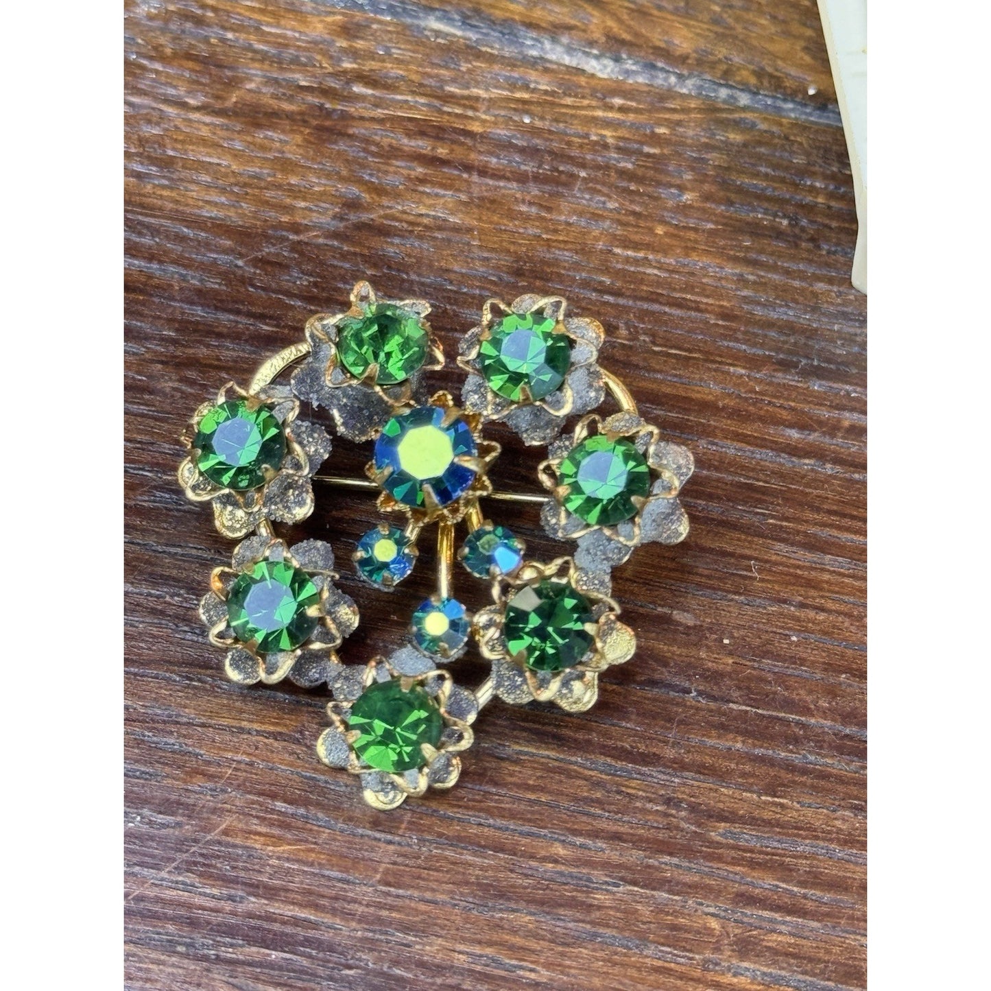 Vintage Heart Brooch Green Rhinestone Goldtone Floral Costume Jewelry 1.5”