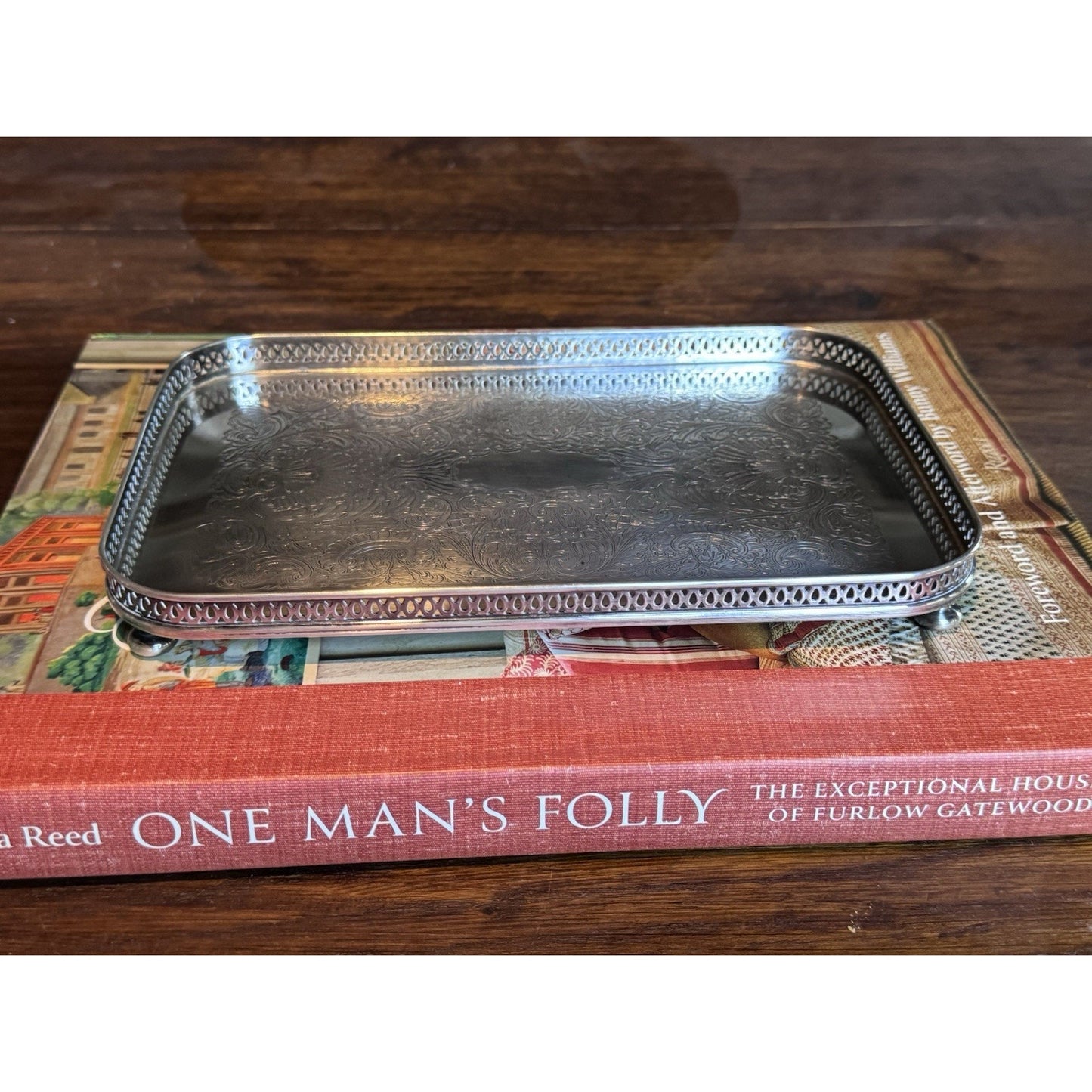 Vintage Sheffield Silverplate Footed Gallery Tray Jewelry Vanity Catchall 9”