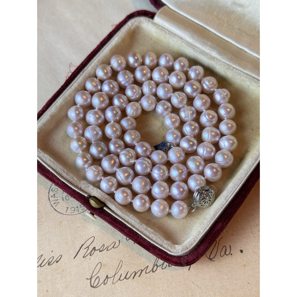 Pink Cultured Pearl Necklace 7mm Knotted Filigree Clasp 24”