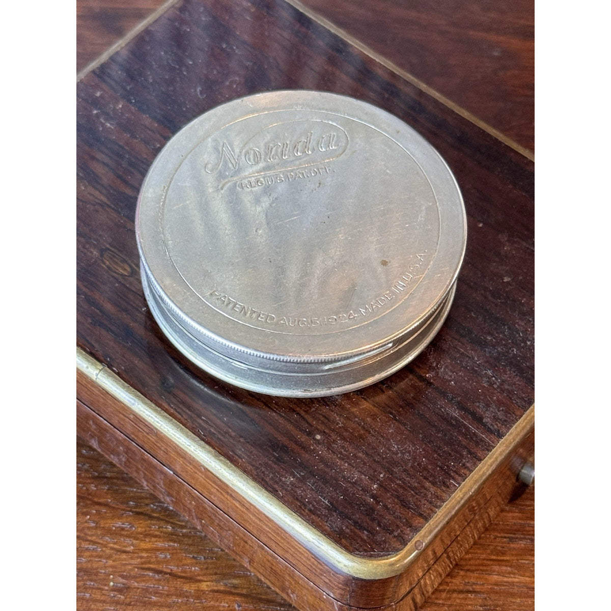 Antique Compact Norida 1924 Silvertone Powder Mirror Sifter Puff USA 2” EMPTY
