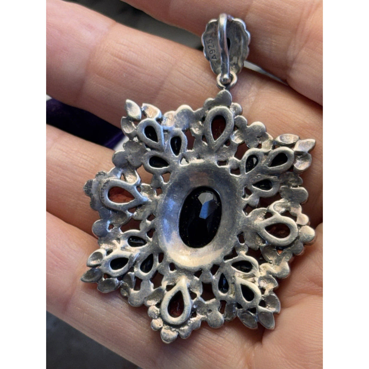 Sterling Silver Pendant Garnet Black Stones Marcasite Victorian Revival 2.25”