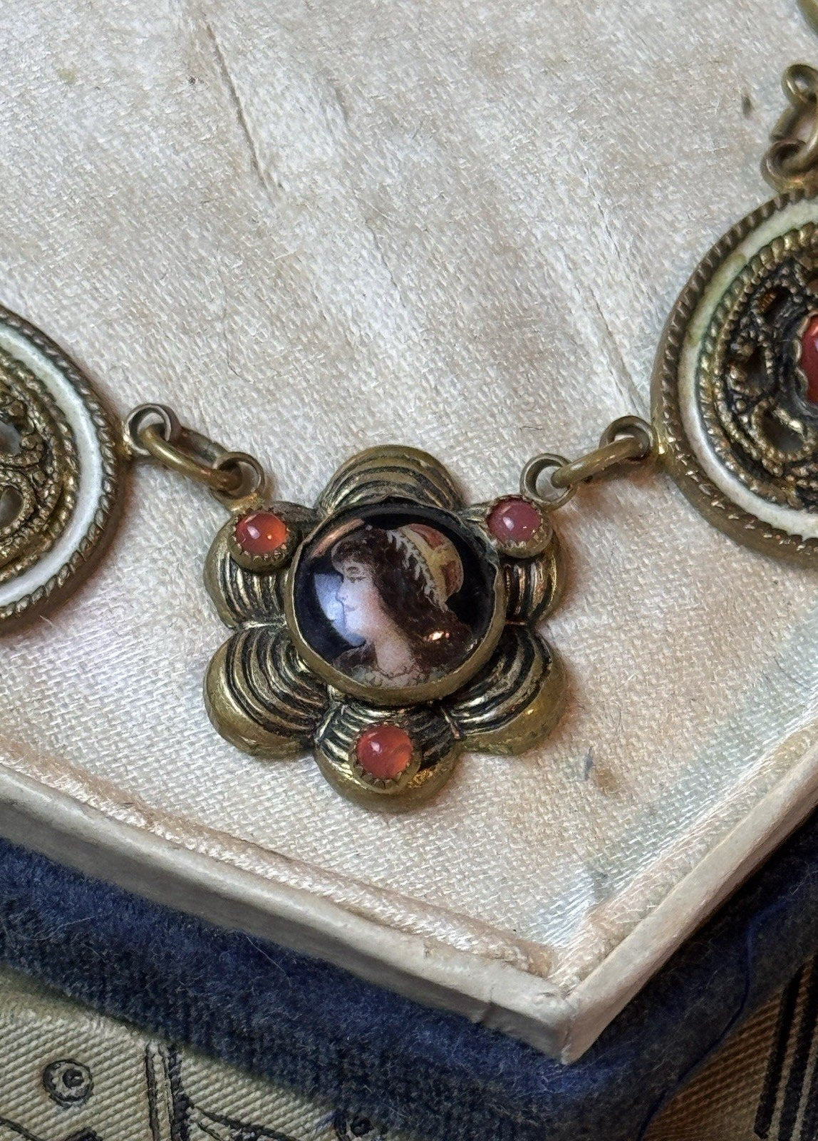 Victorian Revival Brass Necklace Portrait Links Coral Orange Glass Beads 16”