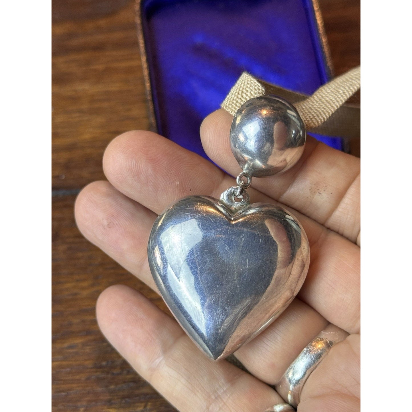 Vintage Sterling Silver 925 Puffy Heart Pendant Necklace 27” Ribbon 2.5”