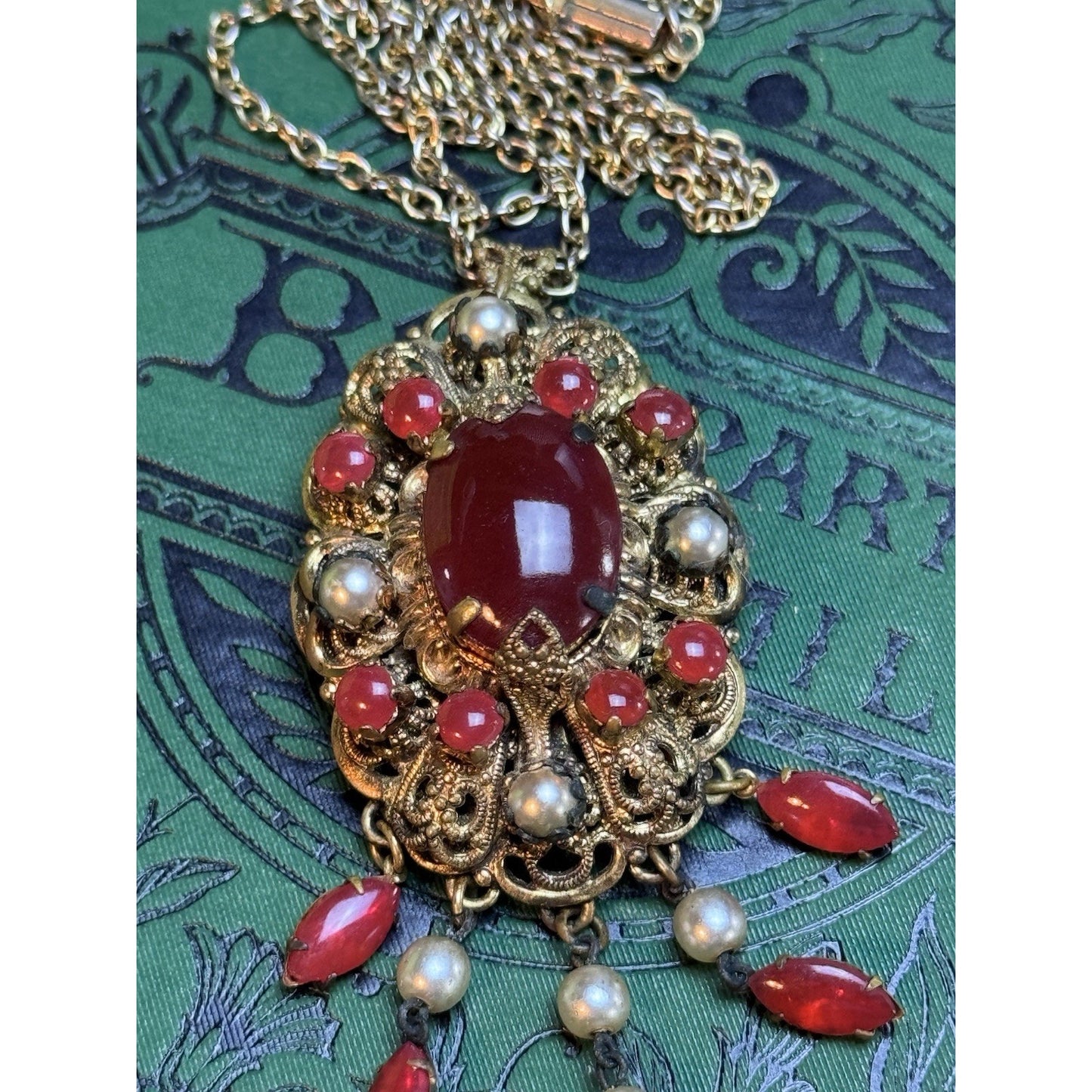 Vintage Filigree Brooch Pendant Necklace Red Art Glass Faux Pearl Dangle 27.5”