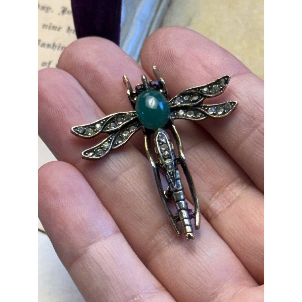 Dragonfly Brooch ART Signed Green Cabochon Rhinestone Goldtone Vintage Pin 1.75”