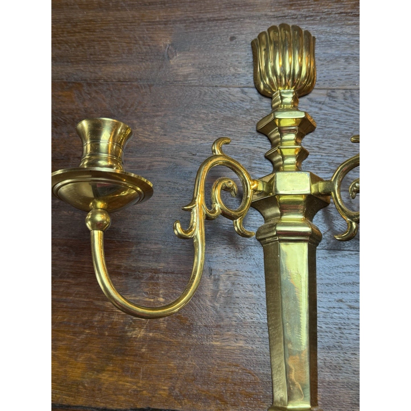 Pair Vintage Brass Wall Candle Sconces India Lacquered 2 Arm 15”