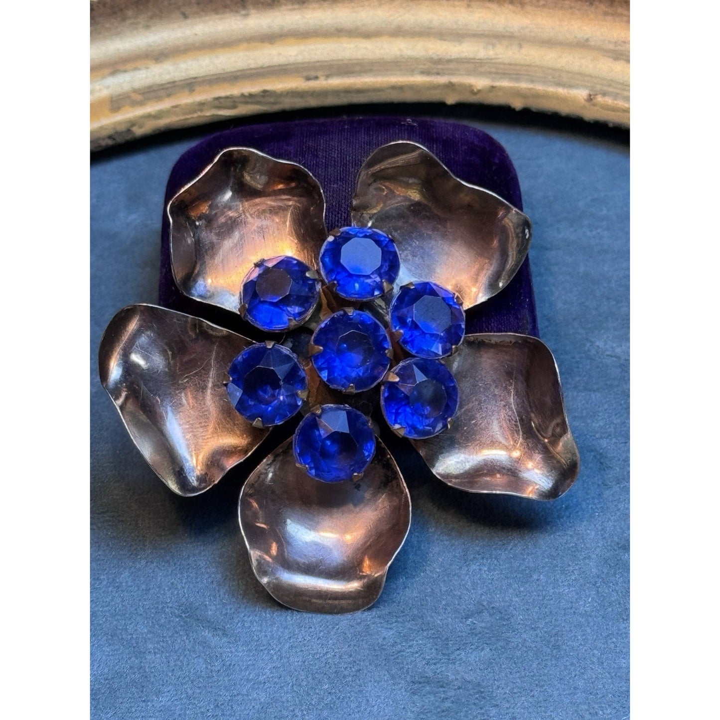 Vintage Sterling Vermeil Flower Brooch With Cobalt Blue Rhinestones