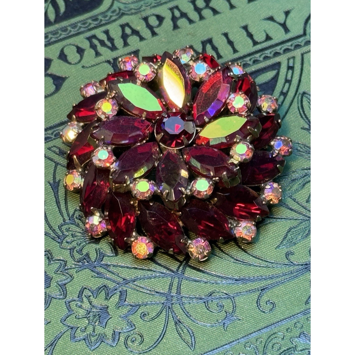Vintage Garné Brooch Pin Jewelry Red AB Rhinestone Statement Floral Design 2”