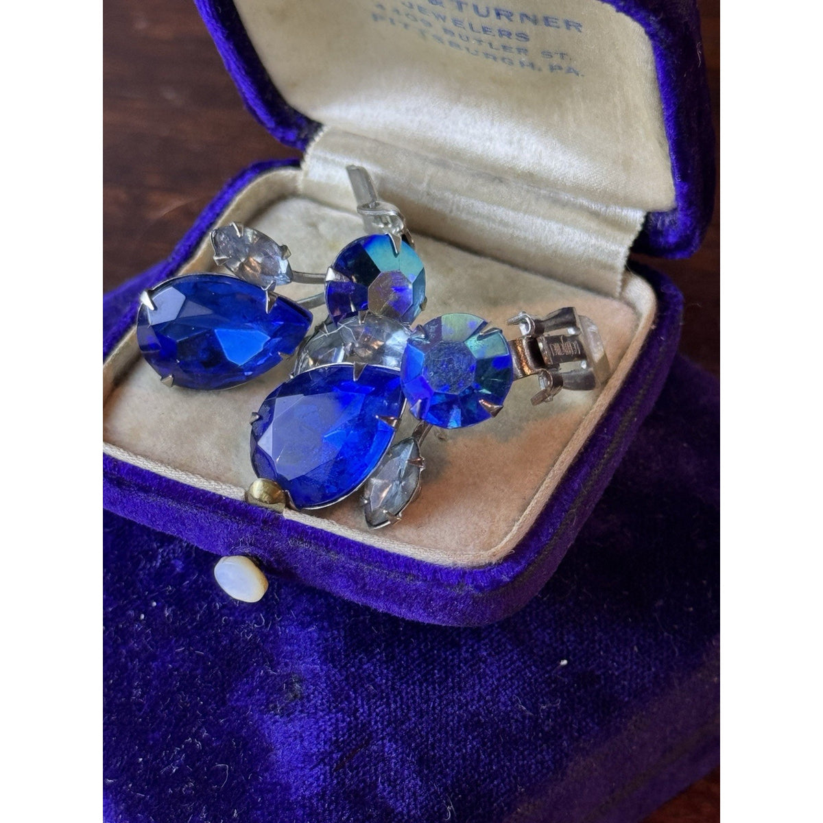Silvertone Earrings Beau Jewels Blue Rhinestone AB Clip On Vintage 1.25” x .75”