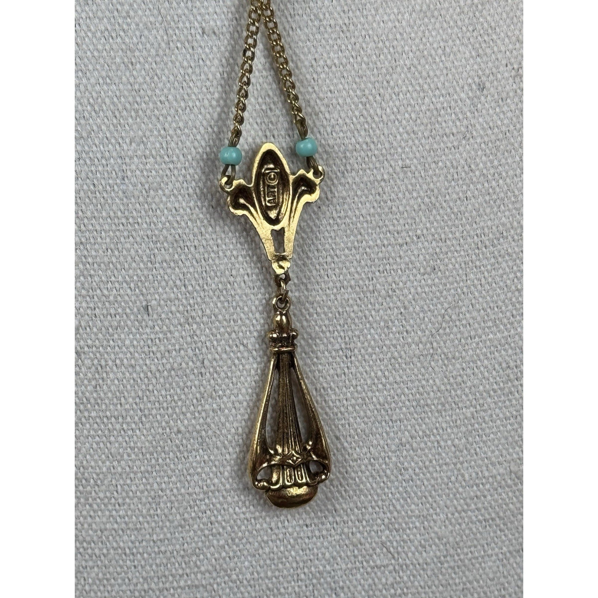 Vintage ART Lavalier Necklace Goldtone Turquoise Blue Beads 16” Signed Pendant