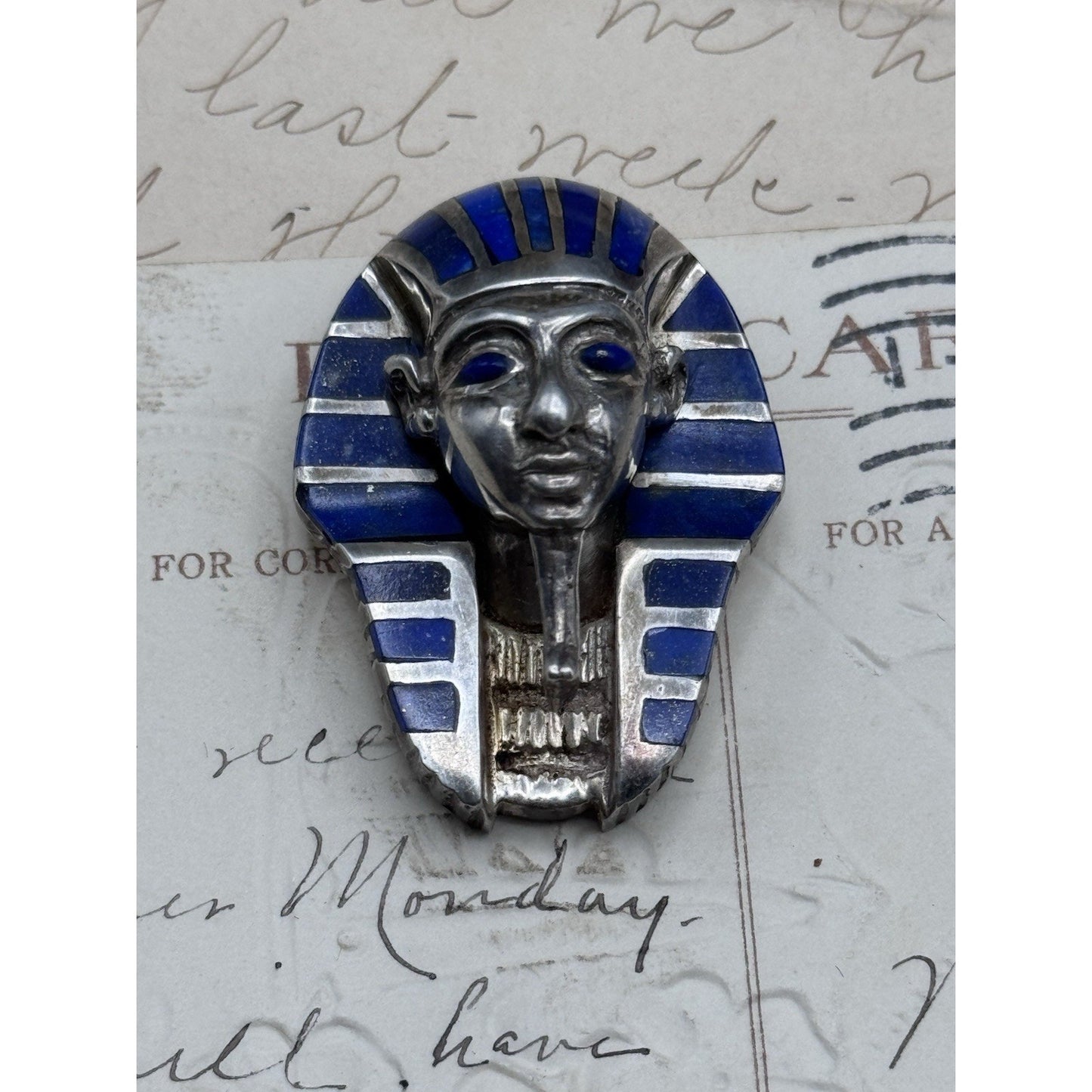 King Tut Pendant Lapis Lazuli Vintage Plata 980 Silver Egyptian Revival 1.5”