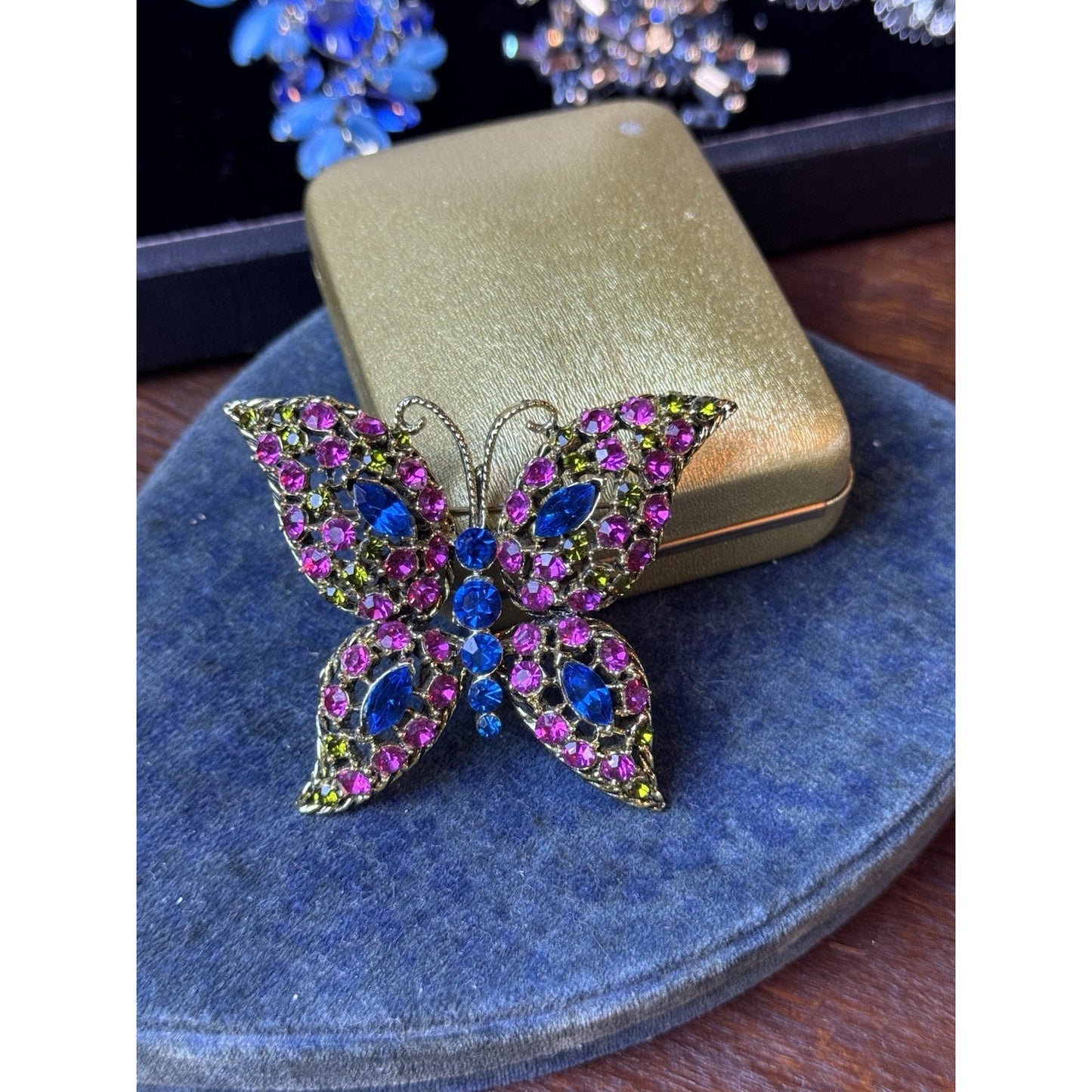 Vintage Butterfly Brooch Pink Blue Green Rhinestones Openwork Goldtone Large