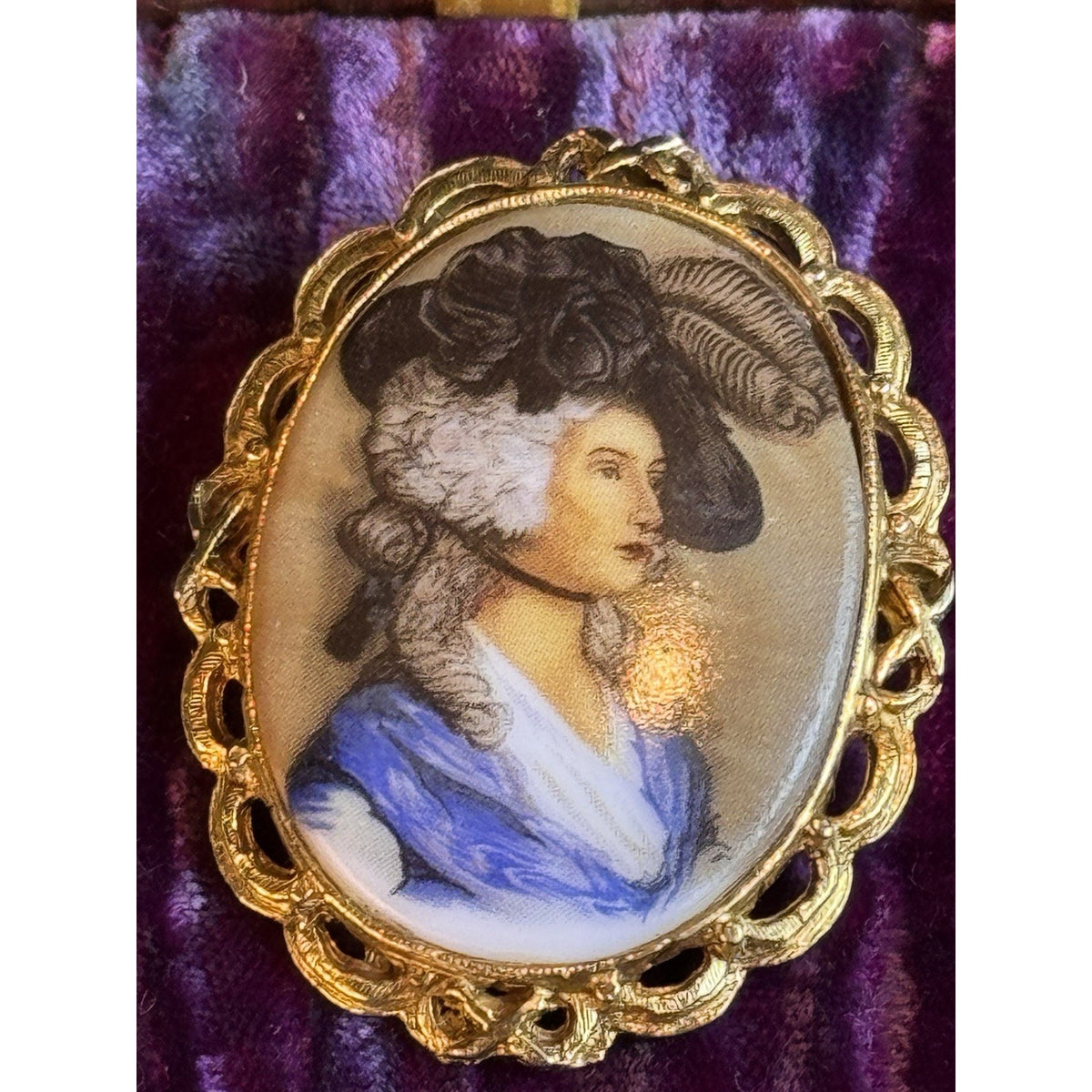 Lady Portrait Brooch VINTAGE Blue Dress Feather Hat Goldtone Oval Frame 2”
