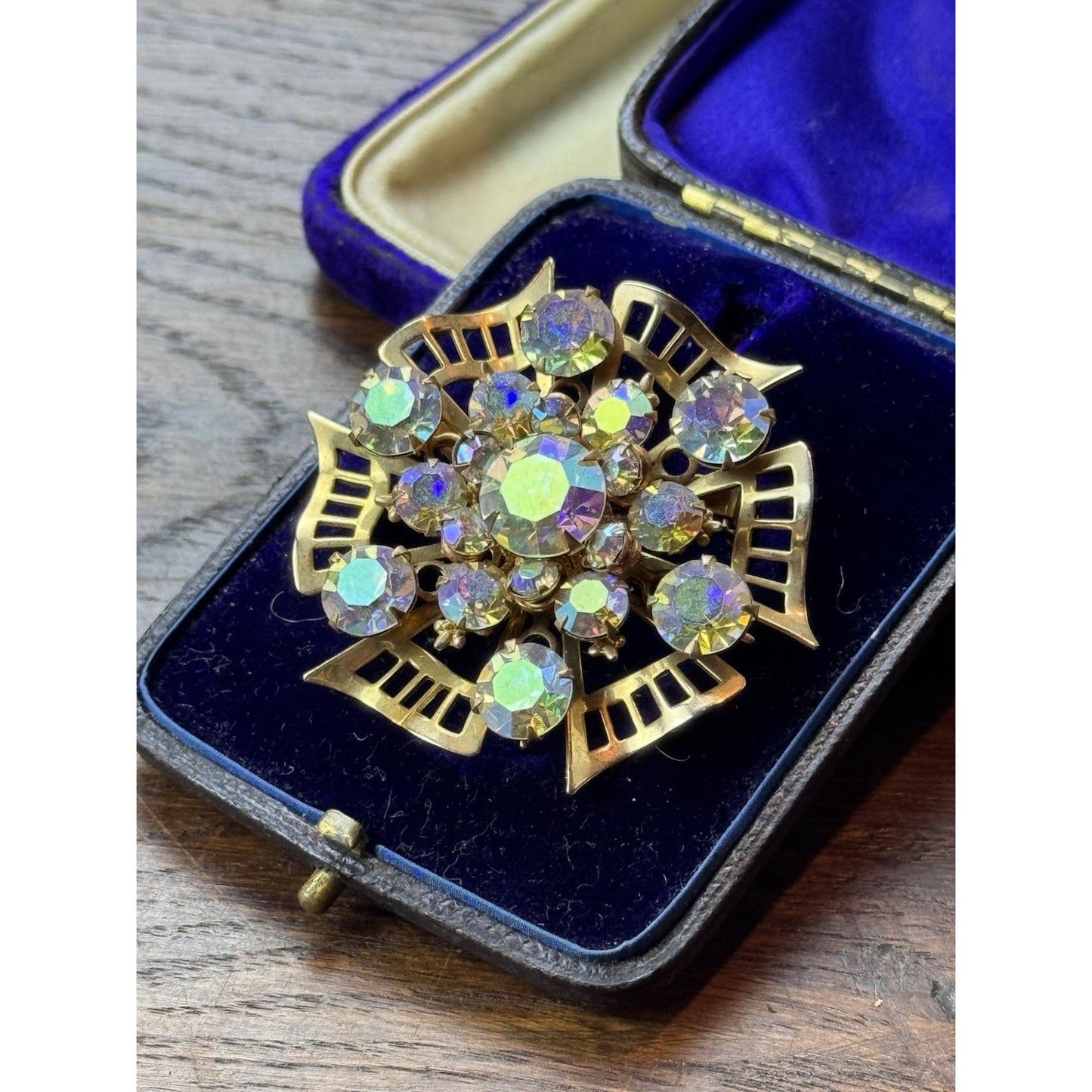 Vintage AB Rhinestone Brooch Goldtone Atomic Starburst 2”