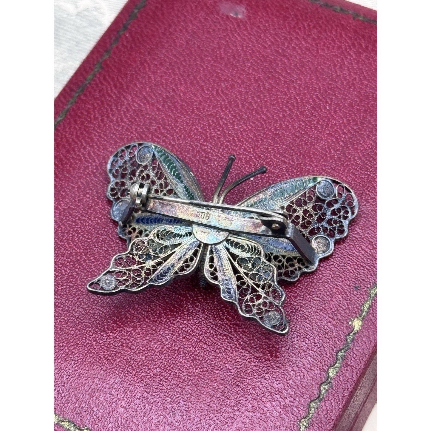 800 Silver Butterfly Brooch Filigree Enamel Blue Green 1.75” Estate VINTAGE