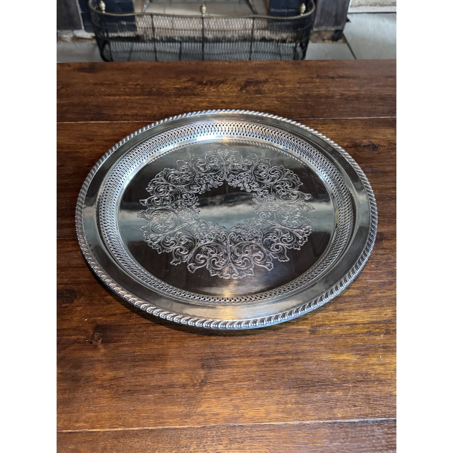Silverplate Round Tray Reticulated 16.5” WM Rogers Engraved Serving Platter