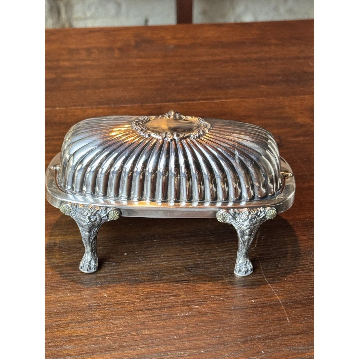 Silverplate Roll Top Butter Dish F B Rogers Silver Co Lion Feet 7.5”