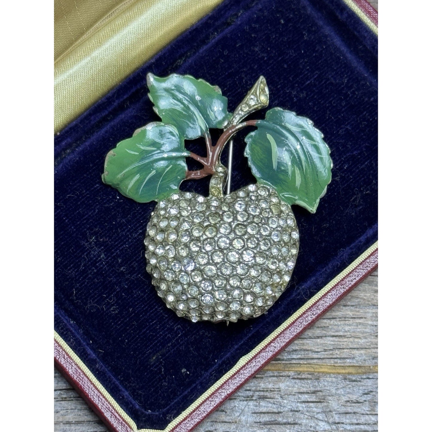 Vintage Rhinestone Apple Brooch Green Enamel Leaves Figural Fruit Pin
