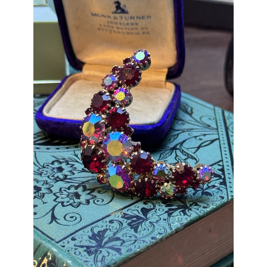 Karu Arke Inc Crescent Moon Brooch Red Aurora Borealis Rhinestone 2” Vintage