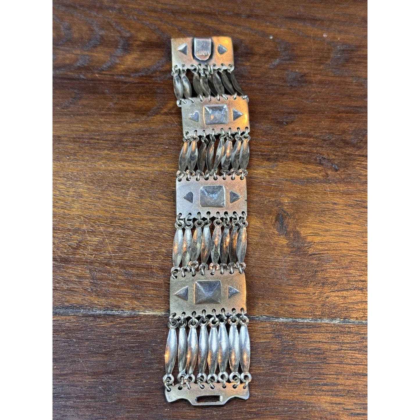 Vintage Mexico Bracelet 7” Silvertone Figural Panel Artisan Statement Jewelry